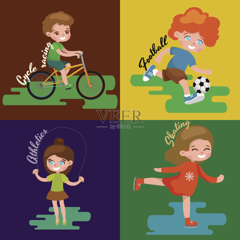 孩子们运动,孤立的男孩和女孩玩积极的游戏向量正版插画素材
