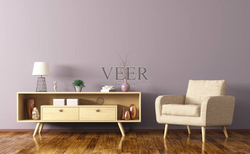 室内木制橱柜和扶手椅3d渲染正版图片素材