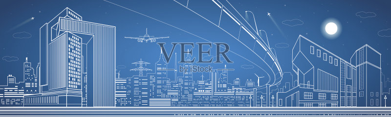 城市全景,夜城,基础设施景观正版插画素材