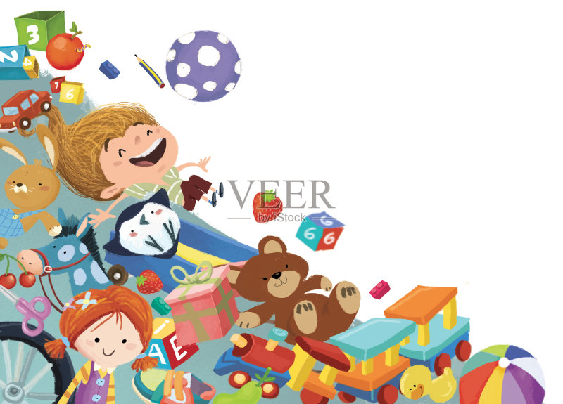 有很多玩具的女孩正版插画素材