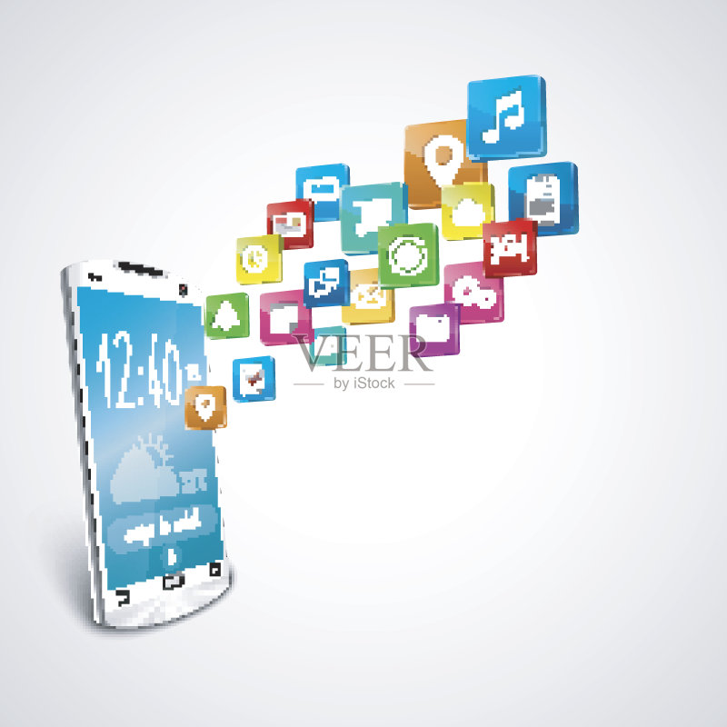 白色背景上的应用程序图标的白色智能手机正版插画素材