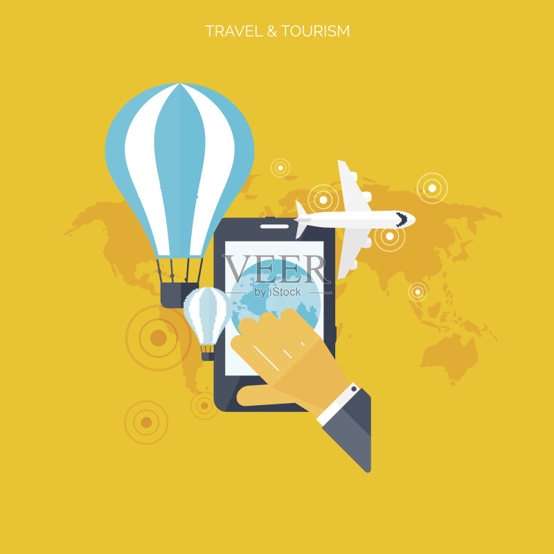 气球图标:世界旅行概念背景的扁平风格图标,旅游假期图标素材