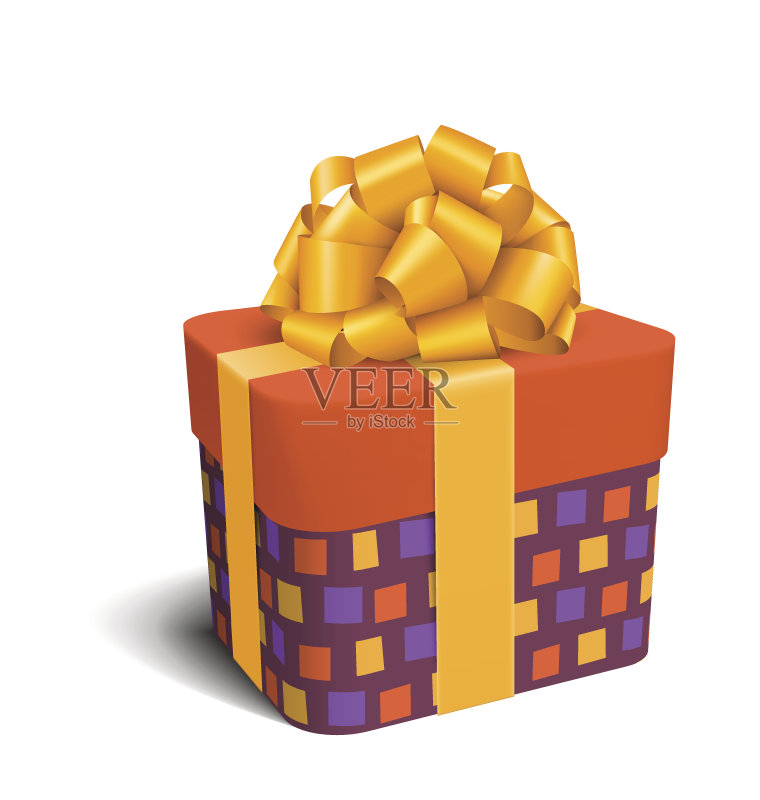 彩色紫罗兰和橙色庆典礼盒与弓孤立正版插画素材