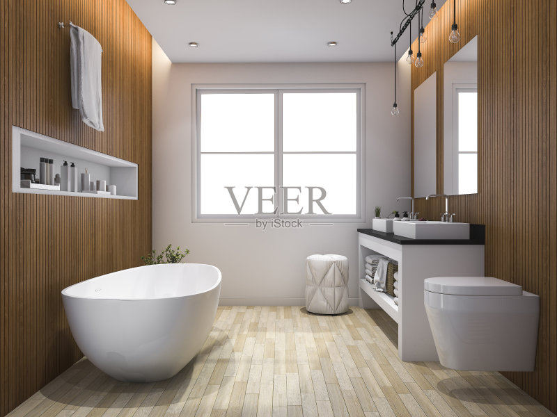 3d渲染豪华木质风格的浴室和卫生间正版图片素材