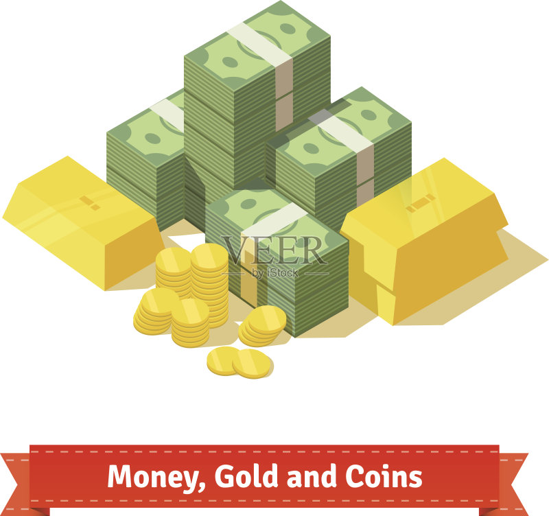 成堆的现金。一些金条和金币正版插画素材