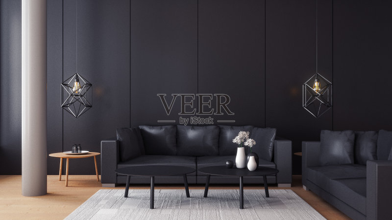 黑色墙壁的现代客厅正版图片素材