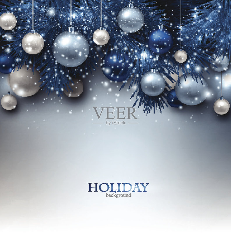 蓝色的圣诞背景与冷杉树枝和球。圣诞装饰物正版插画素材