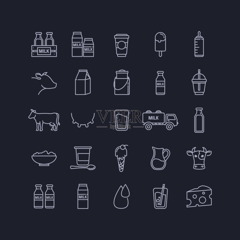 牛奶、乳制品和奶牛细线图标集矢量图图标素材