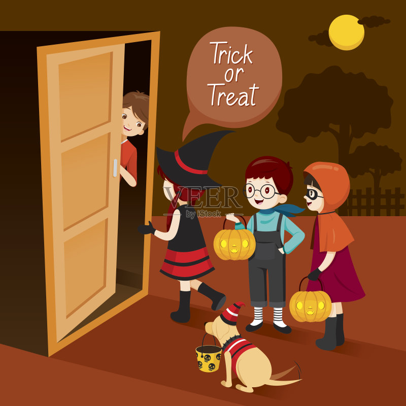 不给糖就捣蛋,孩子和男人开门正版插画素材