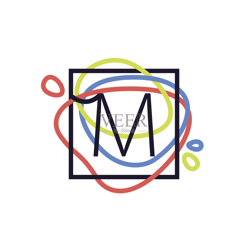 彩色线条背景上的方形M字母图标图标素材