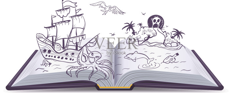 打开书的冒险。宝藏,海盗,帆船,冒险。阅读幻想正版元素素材