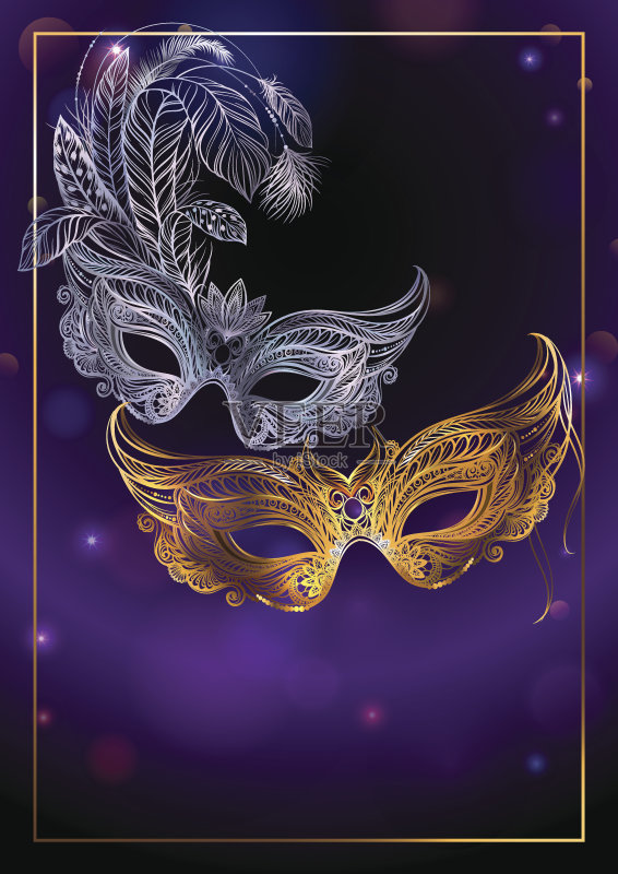 美丽的背景与两个狂欢节或戏剧面具。正版插画素材