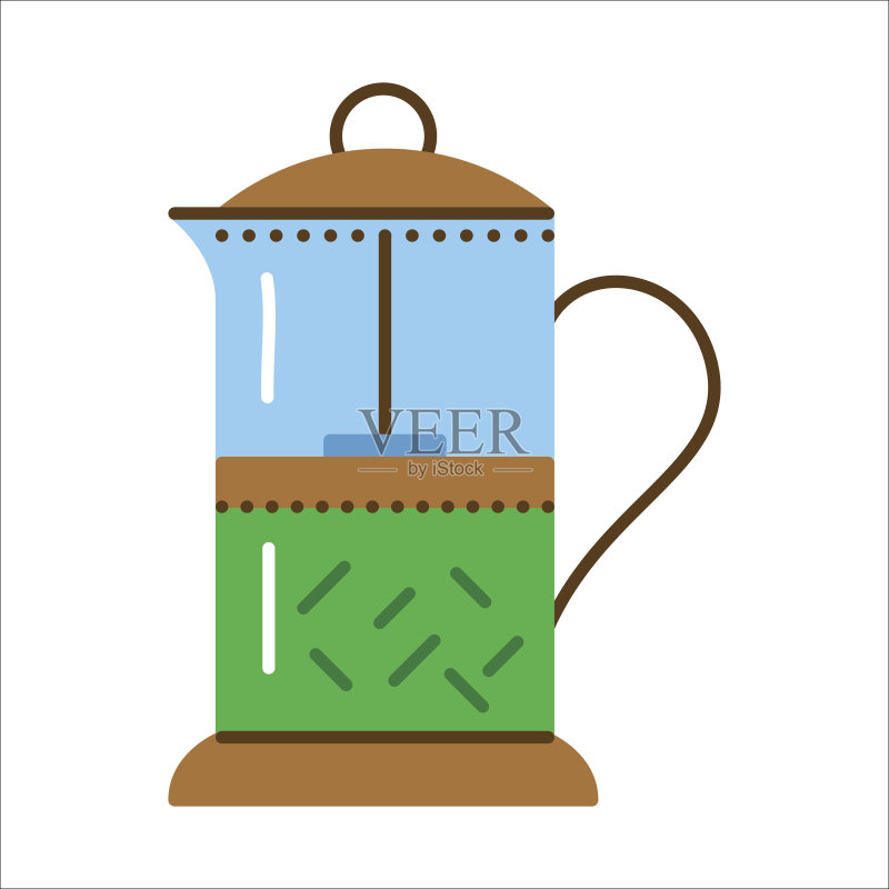 咖啡和茶用玻璃茶壶:法式滤压壶扁平图标图标素材