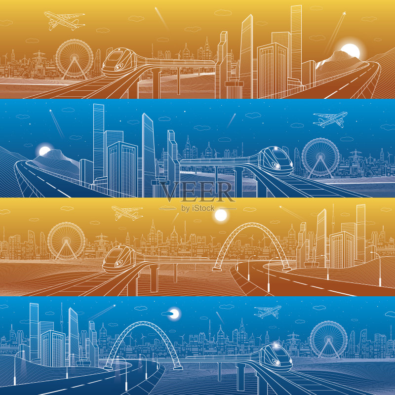 城市和交通全景。高山公路,火车正版模板素材