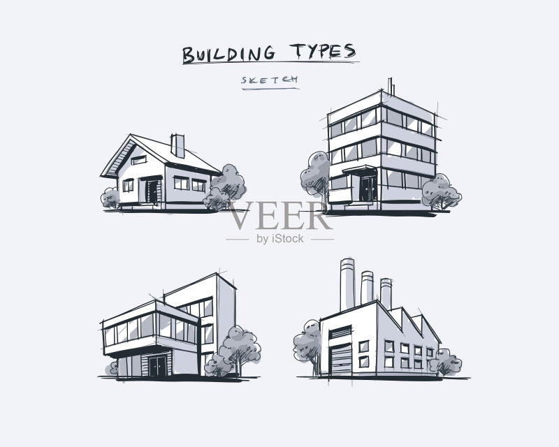 四种建筑类型手绘卡通插图正版元素素材