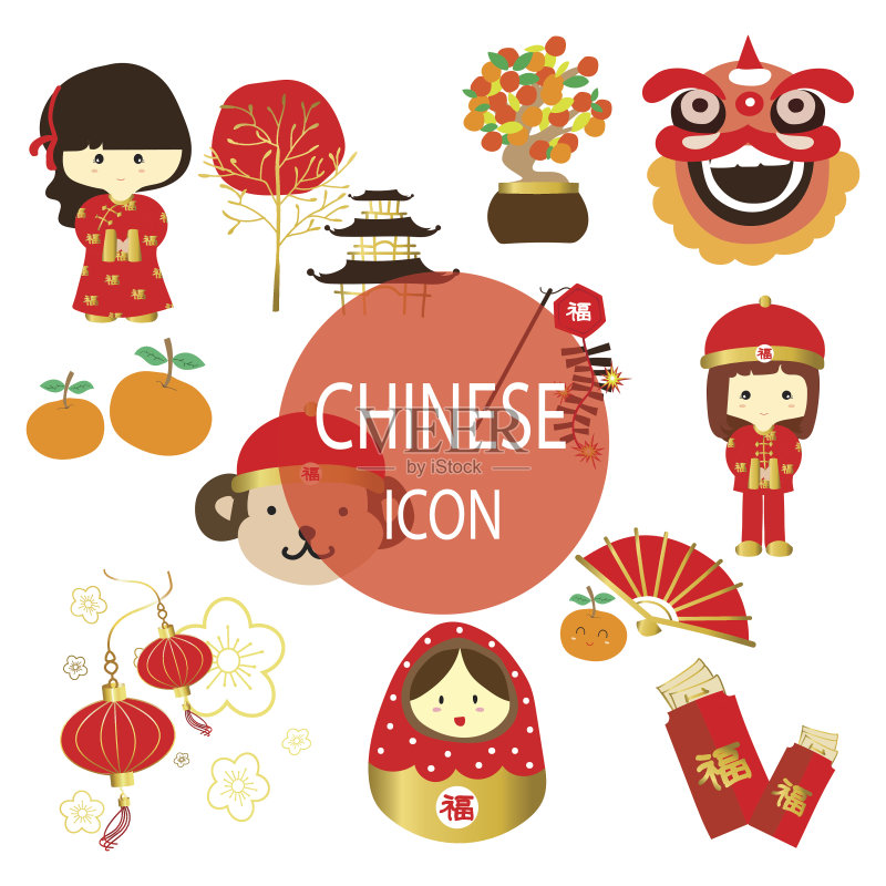 红色金色中国风图标,含树、猴子、橘子、灯笼图标素材