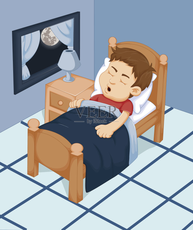 可爱的卡通男孩在卧室睡觉正版元素素材