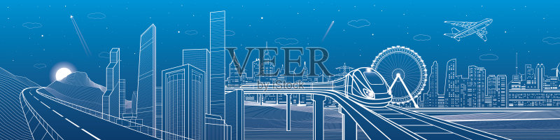 公路在山中,城市交通全景,火车在桥上正版插画素材