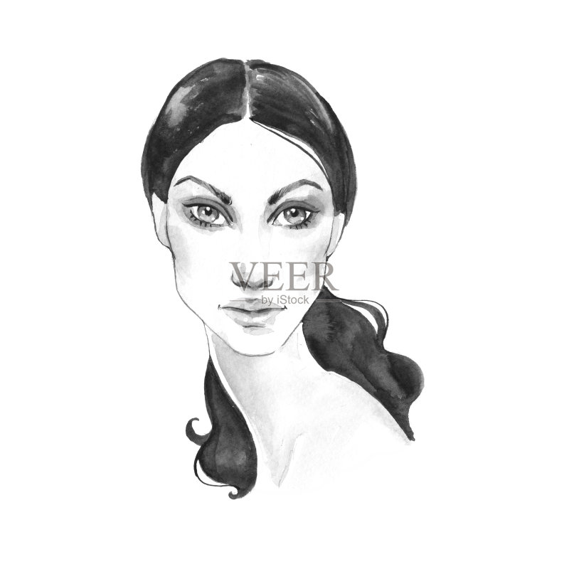 黑白时尚素描:水彩女性面部插画图片素材