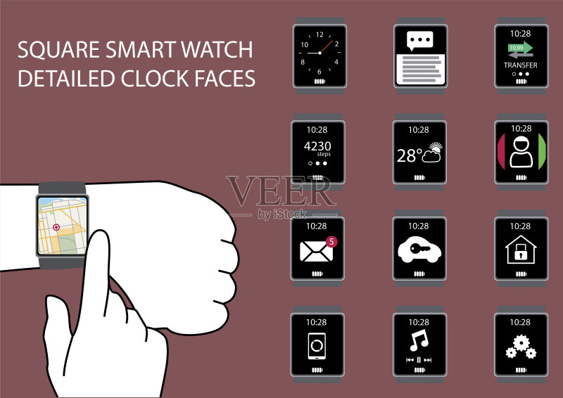 扁平风格方形智能手表矢量插画图标素材