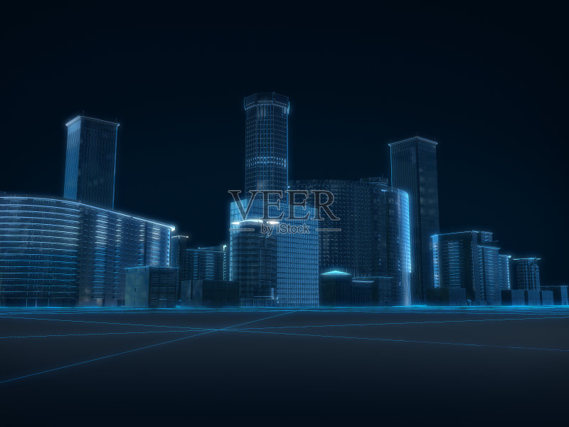 城市x射线蓝色透明的3D渲染在黑暗的背景。正版图片素材