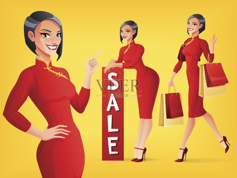 美丽的中国女人在各种姿势。向量集。正版插画素材