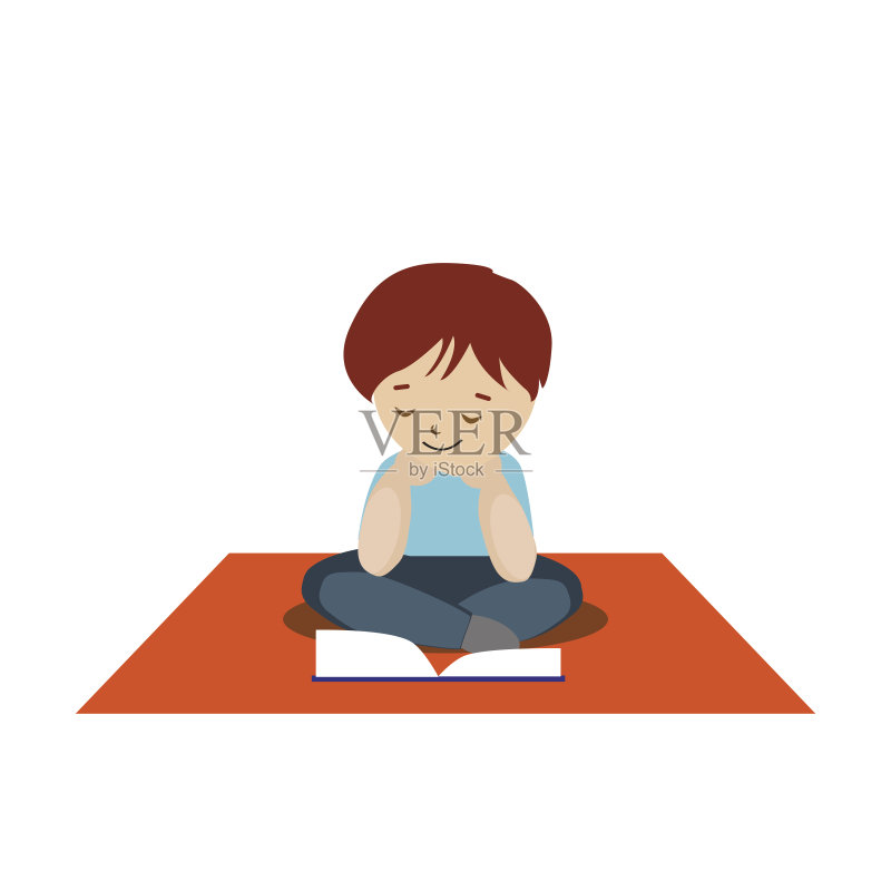 小男孩坐在地毯上看书正版插画素材