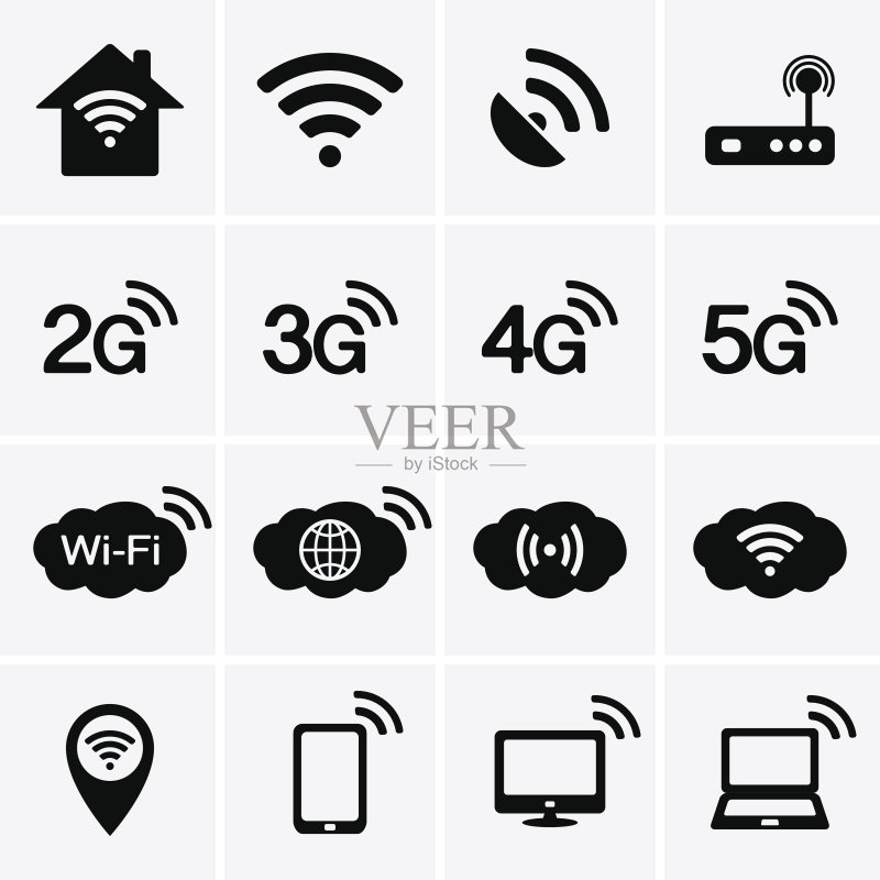 无线网络和Wifi图标,2G、3G、4G和5G图标素材
