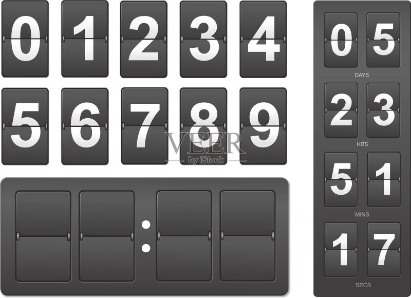 倒数计时器。黑色机械记分牌面板上的白色背景插图正版元素素材