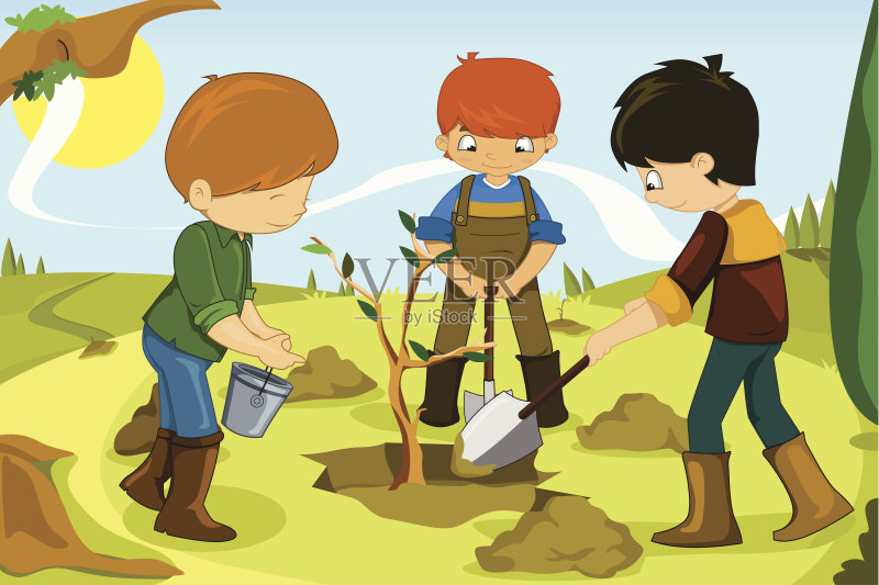 志愿者孩子们正在种树正版插画素材