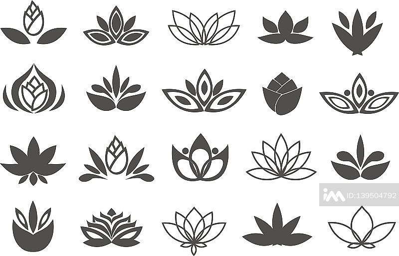 黑色花卉设计元素:植物、花朵和生长图标扁平线条设计矢量图标素材