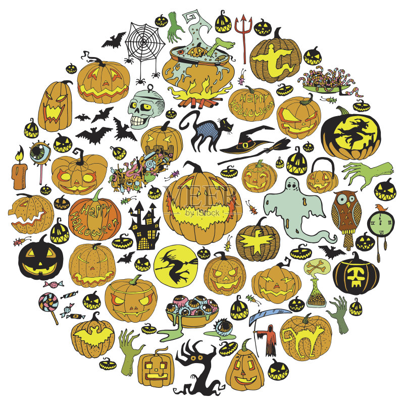 大的万圣节手绘对象设置在圆圈。正版插画素材