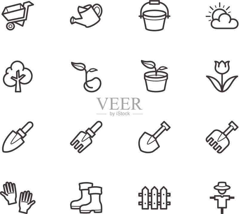 白色背景上的花园元素矢量黑色图标集图标素材