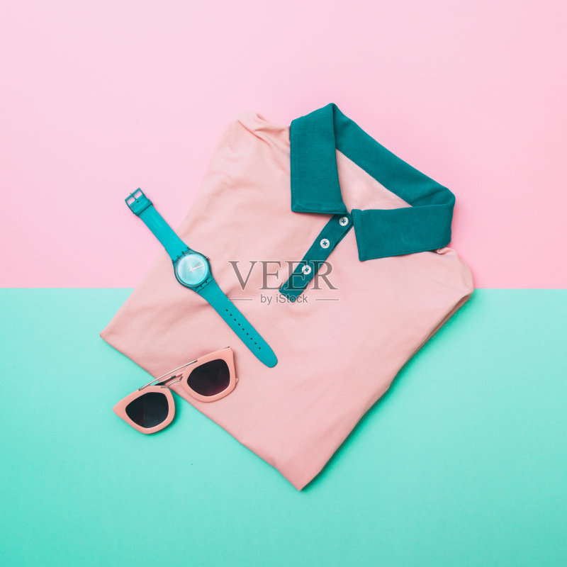 衬衫,太阳镜和薄荷手表正版图片素材