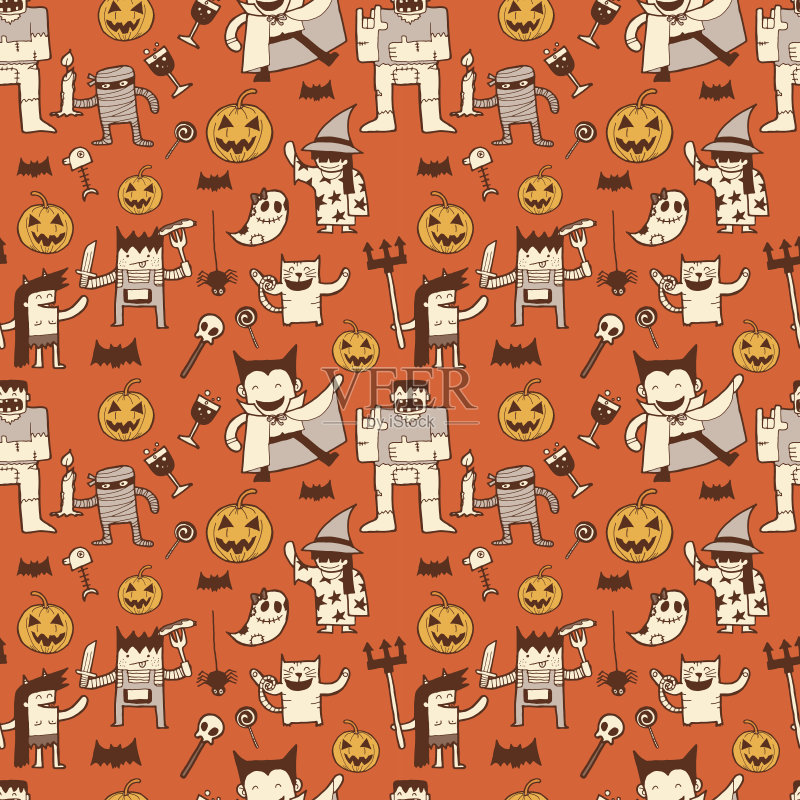 可爱的万圣节涂鸦无缝图案正版插画素材