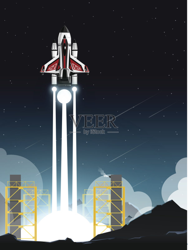 夜间从深山发射站发射的航天飞机插画图片素材