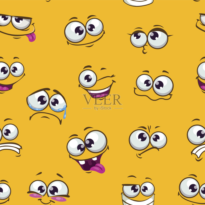 无缝图案与有趣的卡通面孔正版插画素材