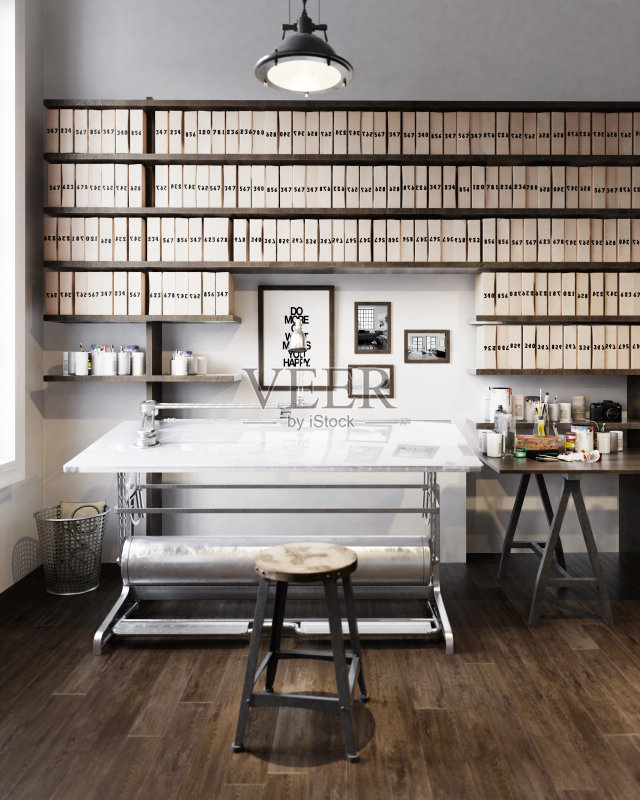 带建筑桌子的书房正版插画素材