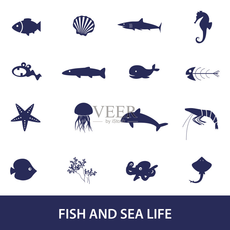 鱼和海洋生物图标集eps10图标素材