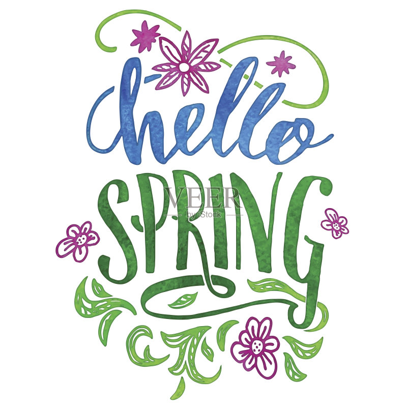 你好,春天。水彩手工刻字卡正版插画素材