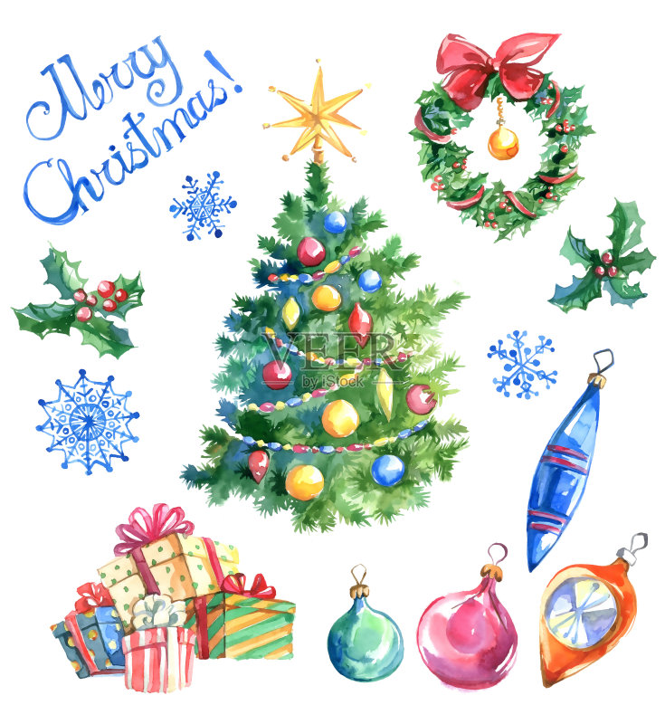 水彩圣诞套装:树,圣诞装饰球和我正版插画素材