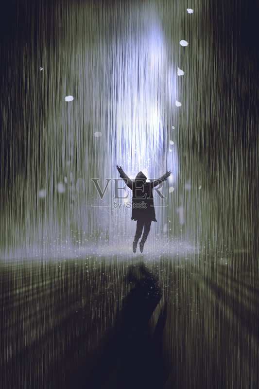 夜雨中举起手臂的人的剪影正版插画素材