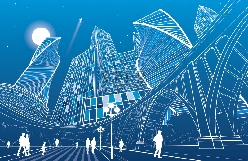 大桥,夜城为背景,人们走到广场正版插画素材