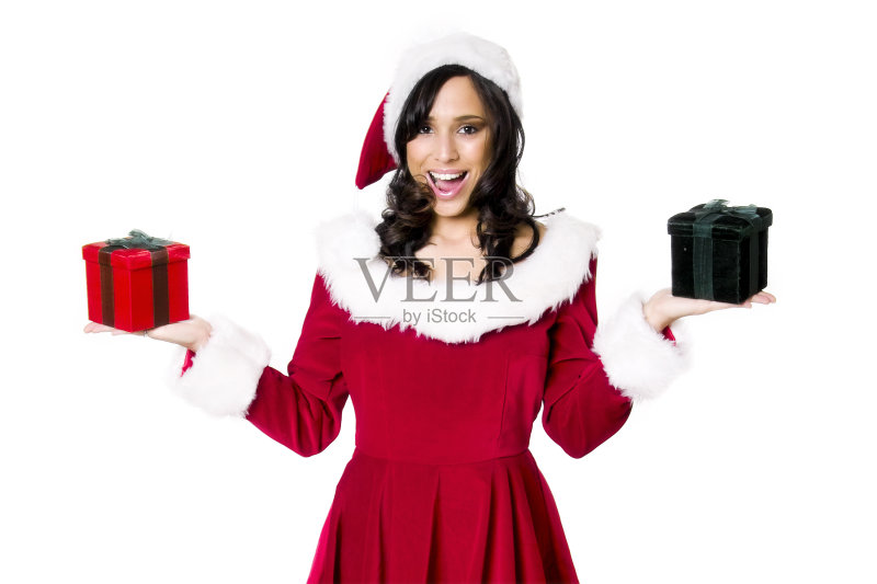 快乐的圣诞老人小姐和两个礼物盒正版图片素材