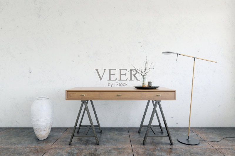 室内场景,桌子,灯,花瓶在阁楼般的设置正版插画素材