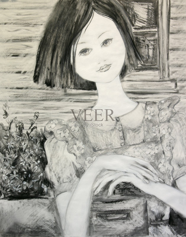 年轻女子在信箱艺术品前等待正版插画素材