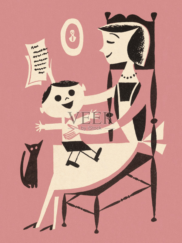 女人看书,男孩坐在她腿上正版插画素材