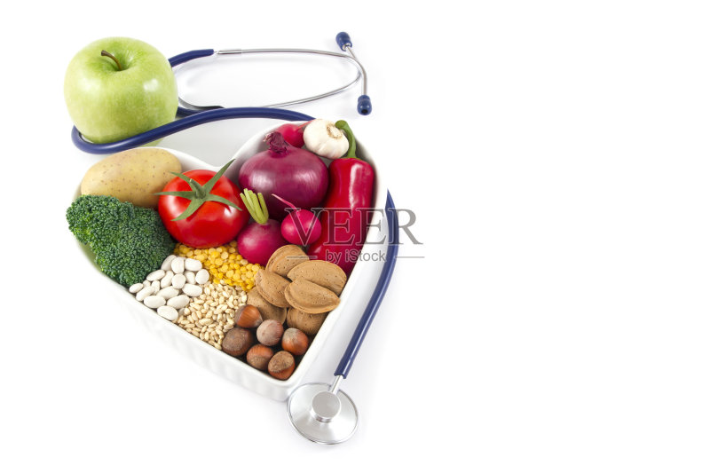 健康食品与青苹果听诊器正版图片素材