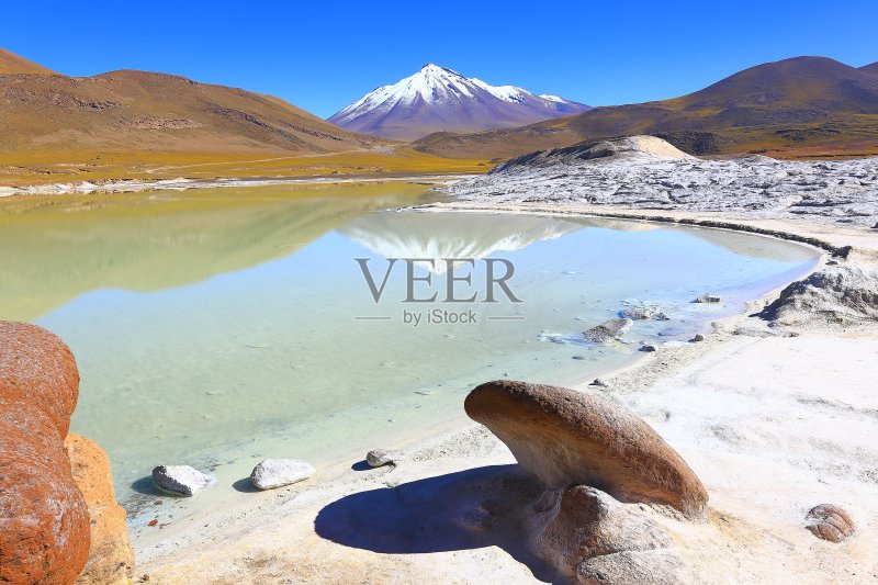 Salar de Talar和Miniques白雪皑皑的火山-日出时绿松石湖的倒影和Piedras rojas(红色石头)的岩层,田园般的阿塔卡马沙漠,火山景观全景-圣佩德罗阿塔卡马,智利,Bolívia和阿根廷边境正版图片素材