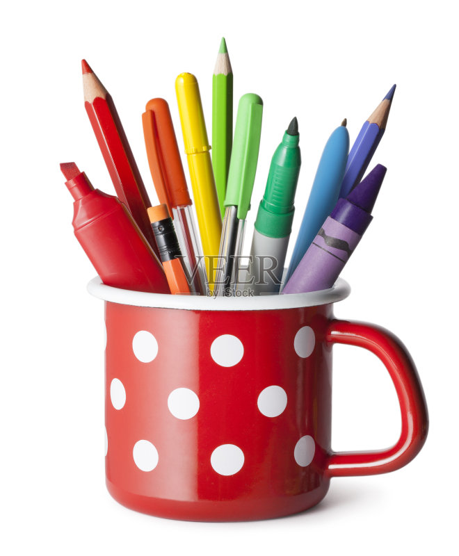 有彩色笔和铅笔的笔筒正版图片素材